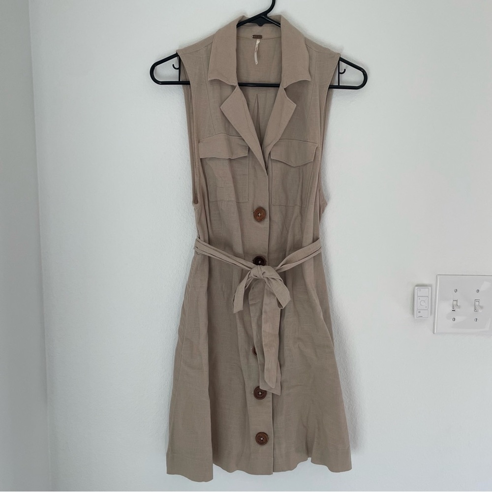 Free People Hepburn Cotton Trench Dress Tan Size 4 Belted Button Front Mini - Picture 3 of 13